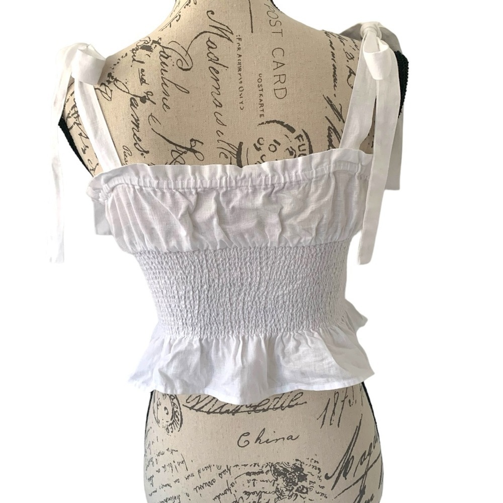 Aritzia Wilfred Ballad Smocked Linen Tie Strap Peplum Cami Top Size Medium - Picture 5 of 9